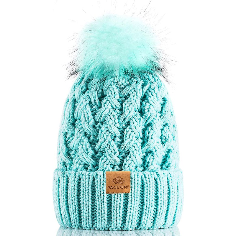 PAGE ONE Womens Winter Ribbed Beanie Crossed Cap Chunky Cable Knit Pompom Soft Warm Hat Mint - Image 1